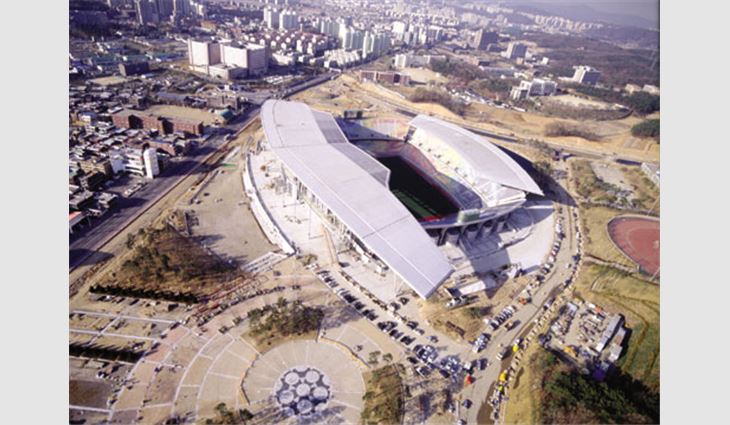 The stadium's roof symbolizes a bird's soaring wings.