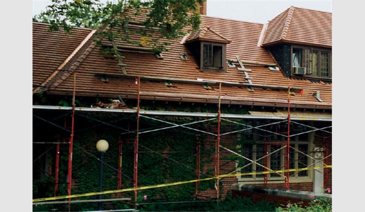 Scaffolding was erected around the Cranbrook House's west wing to protect workers and building occupants.