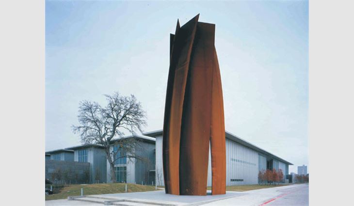 The Modern Art Museum of Fort Worth features a sculpture—Vortex, 2002—created by Richard Serra. The steel sculpture sits on an extended walkway in front of the museum and rises 27 feet (8 m) above the museum.