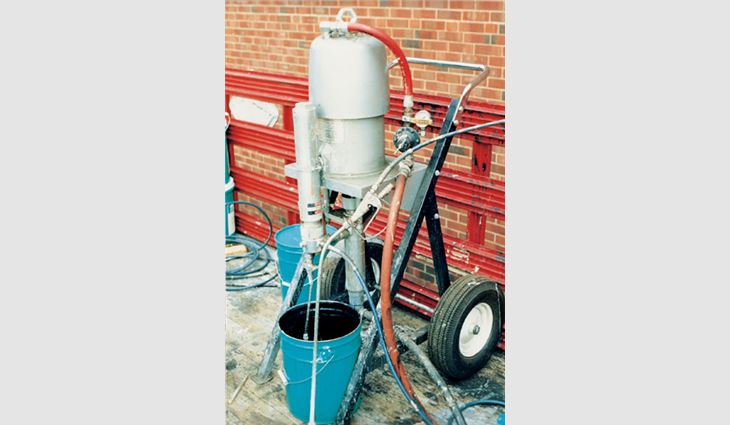 A pneumatic pump can be used to spray apply acrylic coatings. Other spray-pump systems may be used as specified by a manufacturer.