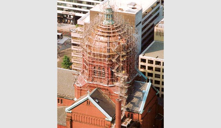 An intricate scaffolding system was built around the dome's exterior, which is 190 feet (58 m) above ground level at its cupola.