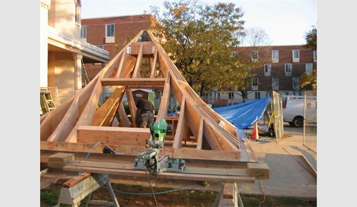 A 16- by 16-foot (5- by 5-m) cupola was built on the ground and hoisted up to the Bishop House's roof.