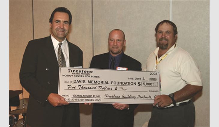Joe Volinsky (left), Western regional business manager for Firestone Building Products, presented the check to WSRCA President Kyle King (middle), vice president of Snyder Roofing Inc., Tigard, Ore., and Davis Memorial Foundation Chairman Kenneth Barnhardt, owner of Quality Roofing Co. Inc., Bozeman, Mt.