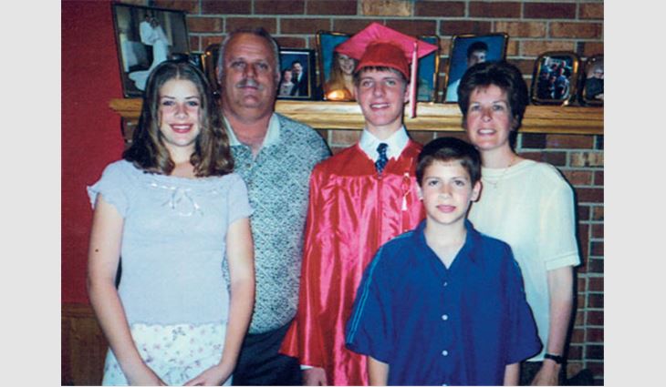 Dessent, secretary of corporation for Chicago-based Dessent Roofing Co. Inc., with his wife, Karen; daughter, Katie; and sons, Josh (left) and Zack, celebrating Josh's high-school graduation.