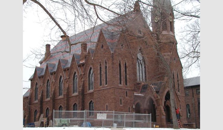 This chapel, built during the 1870s, at Wesleyan University, Middletown, Conn., features North Country black slate, which was substituted for the original Monson slate. The red slate is from New York. 
