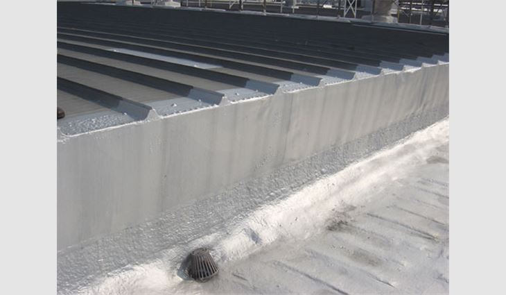 The National Roofing Foundation studies observed numerous flashing details where pre-existing metal flashing had been installed. As shown in Photos 12 and 13, SPF easily can adapt to many rooftop details by being overlaid onto an existing prepared substrate. Existing metal flashings may remain and be totally enclosed or left exposed as needed.