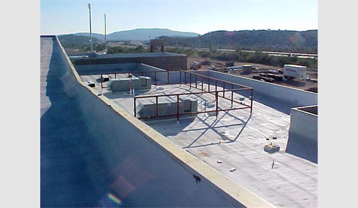 This photo show the Foam Enterprises SPF roof systems installed on High School No. 5, Anthem, Ariz. The roofing contractor worked on nine buildings.