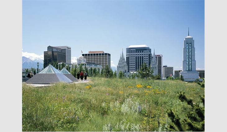 The Church of Jesus Christ of Latter-Day Saints Conference Center in Salt Lake City provides an expanse of meadow and trees as an oasis for meditation and contemplation in an urban environment.