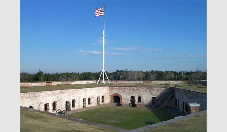 Baker Roofing Inc., Raleigh, N.C., waterproofed 11 casements. The pentagon-shaped fort has 26 casements, or fortified rooms.