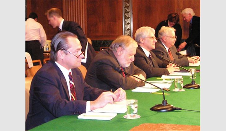 At the hearing, Rick Birkman (left) was seated next to Demetrios Papademetriou, co-director of the Migration Policy Institute, Washington, D.C.; Charles Cervantes, general counsel for the United States-Mexico Chamber of Commerce; and Vernon Briggs, professor of industrial and labor relations at Cornell University, Ithaca, N.Y.
