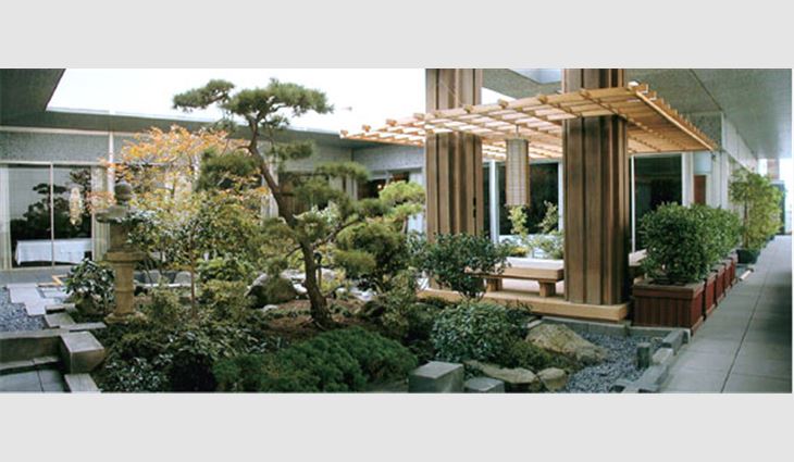 The Wells Fargo Bank headquarters in San Francisco features a rooftop Japanese garden.