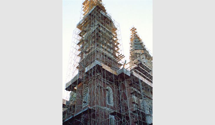 Scaffolding was erected around Holy Hill for all trades to use.