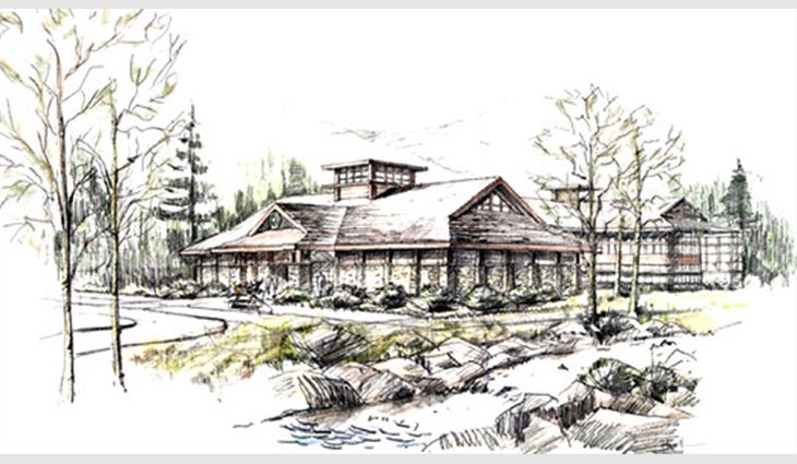A sketch of the future headquarters of the Rocky Mountain Elk Foundation, Missoula, Mont. Elk Corp., Dallas, is donating roofing materials.