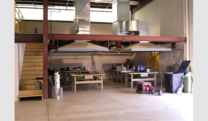 The heat-welding area has protective hoods and electricity sufficient for 16 hot-air guns.