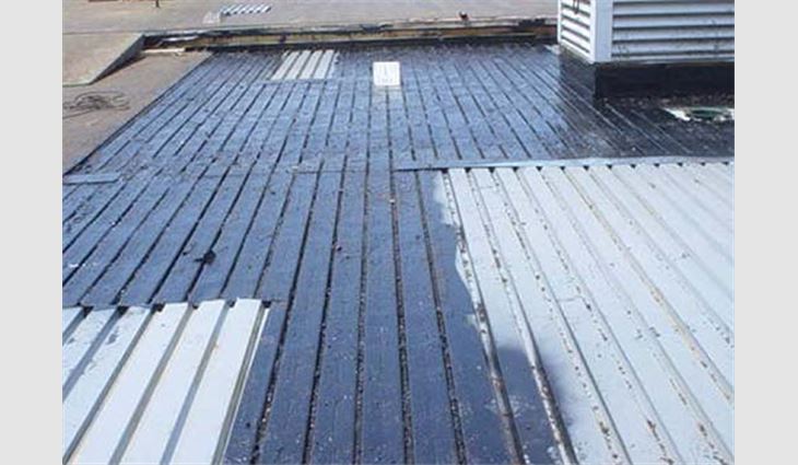 On this building, severely damaged sections of its roof deck were removed and replaced with new deck materials.