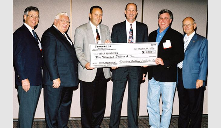 Pictured from left to right: John Drew, treasurer of the MRCA Foundation; James Mansfield Sr., board member of the MRCA Foundation; Dave Tilsen, president of the MRCA Foundation; Greg Hausz, Firestone Building Products Co.'s Midstates regional business manager; James Eckstein Jr., vice president of the MRCA Foundation; and Glenn Langer, board member of the MRCA Foundation.