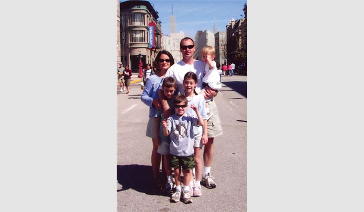 Kyle Thomas, vice president&#151;sales and operations manager of Thomas Roofing Co., Mobile, Ala., with his family at Walt Disney World, Orlando, Fla. Clockwise from top left: wife Emily; Thomas; son Benjamin; daughter Sara; son Jared; and son Bradley.