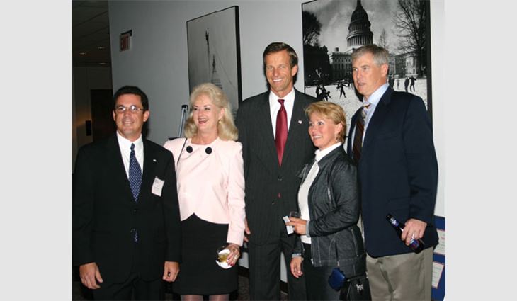 Pictured from left to right: Luis Fernandez, vice president of Roof Decks of Puerto Rico Inc., San Juan, Puerto Rico; Sandy Farrell, president of Farrell Roofing & Sheet Metal Co. Inc., Houston; Sen. John Thune (R-S.D.); Amy Reeves, vice president of Reeves Roofing Equipment, Helotes, Texas; and Bob Bueche, president of Pioneer Roofing Co., Phoenix.