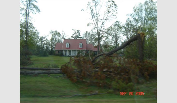 Photo 3. This house, located east of Picayune, Miss., is about 25 miles (40 km) north of the coast along Route 43. The metal panel roof system fared well.