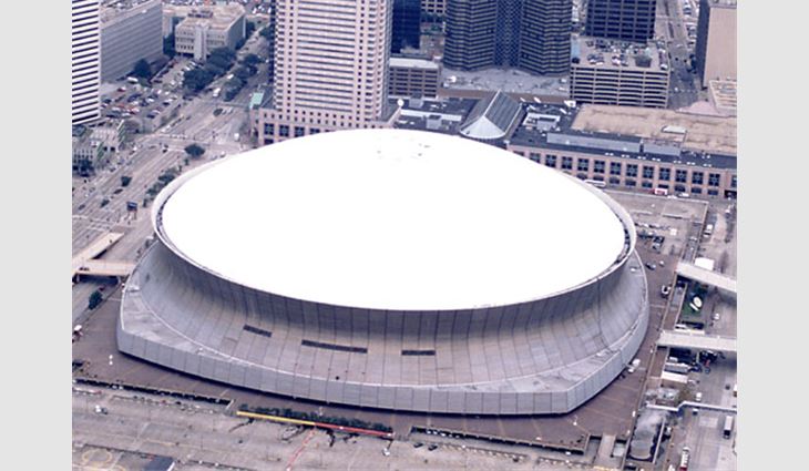 Quality coatings, such as the acrylic coating used on the Louisiana Superdome pictured here, that are installed on relatively steep surfaces have maintained a great degree of their initial reflectances.
