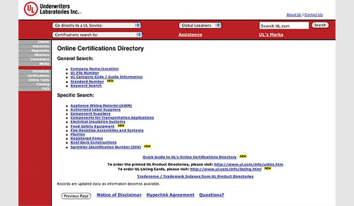 UL's Online Certifications Directory