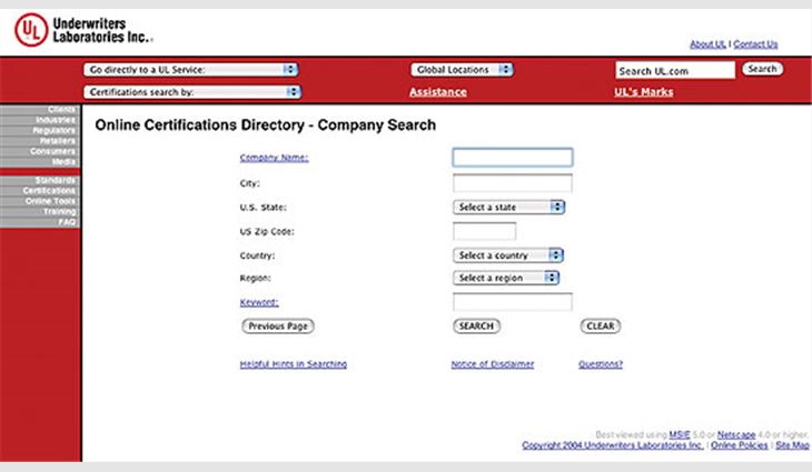The search page of UL's Online Certifications Directory
