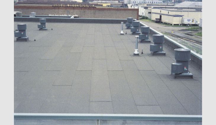 For this roof system, the base sheet and ply sheets, as well as the modified bitumen cap sheet, were applied in hot asphalt.
