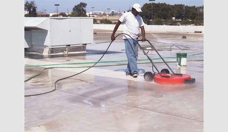 For proper adhesion, a roof substrate must be cleaned and prepared satisfactorily; most roof surfaces are best cleaned by power washing.
