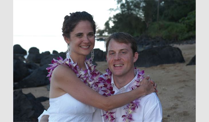 Embow and his wife, Margaret, at their wedding in Hawaii in November 2005
