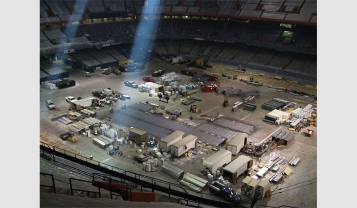 Preparation for the new deck was staged on the floor of the Superdome.