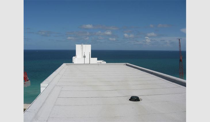 A fully tapered penthouse roof section of the Fontainebleau Miami Beach's Versailles Tower