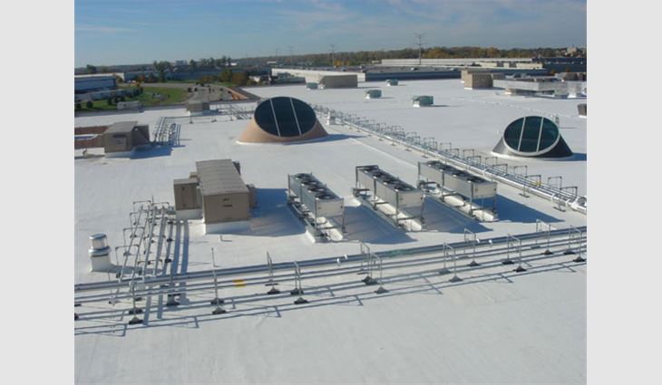This smooth 2,600-square-foot built-up roof system on KV Pharmaceutical's building in St. Louis was restored with a biobased coating.
