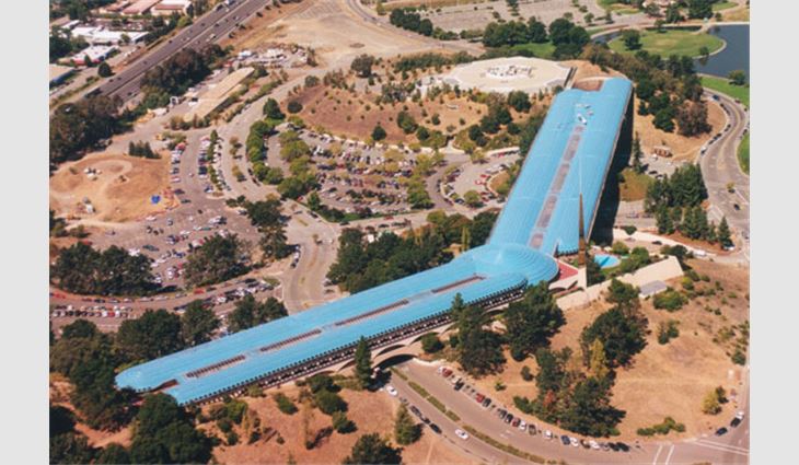 The Marin Civic Center in San Rafael, Calif., features a mixed-substrate roof system coated with a urethane and polyurea waterproofing system and top coated with an aliphatic urethane.