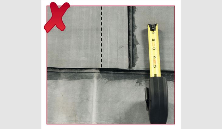 For EPDM membranes, T-joint seams can be made with 3- or 6-inch tape. When using 6-inch tape, making a 45-degree cut is crucial. If a cut is not 45 degrees, the T-joint will move back 6 inches and may not be covered by a T-patch as illustrated in this photo.