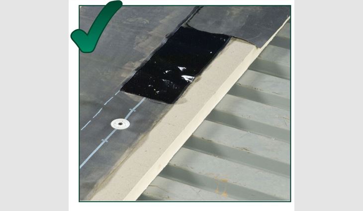 Correctly placing fasteners into a reinforced EPDM membrane requires installing fasteners 12 inches on center so the plates are in the center of the seam under the 6-inch seam. Fasteners should be screwed into the top of a steel flute.