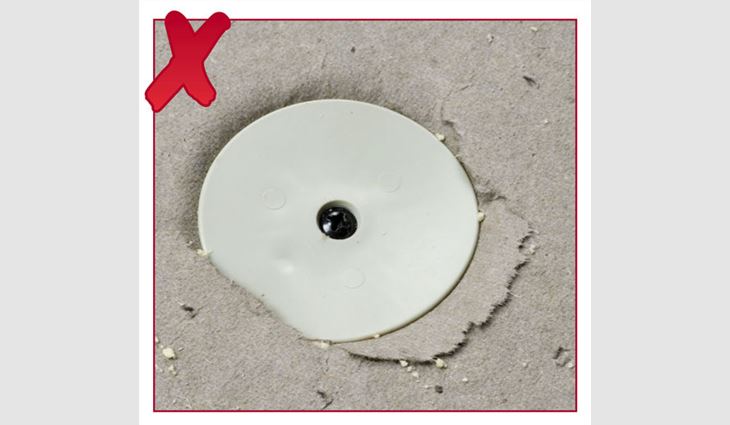 Overdriven fasteners can cause insulation to fracture, compromising the integrity of the insulation and causing a void or depression in the surface that will receive a roof membrane.