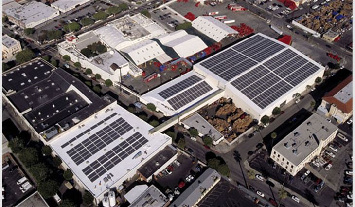 Amorphous film modules laminated to a PVC roof membrane make the roof of this bottling plant a 340-kilowatt generator.