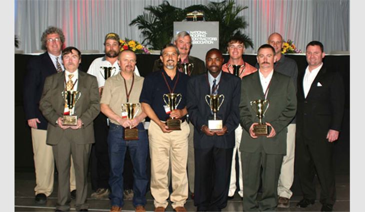 The 2007 Most Valuable Player Awards were presented by Jamie McAdam, president of F.J. Dahill Co. Inc., New Haven, Conn., and former president of The Roofing Industry Alliance for Progress. Winners are pictured clockwise from top left: McAdam, Roger Stuck, Doug Creech, Brandon Leach, Roland King, Geoff Craft, Larry Hartranft, Trung Tran, Noe Santellana, Johnny Huston and Gary Hall. Chris Coyour, who also received an MVP Award, is not pictured.
