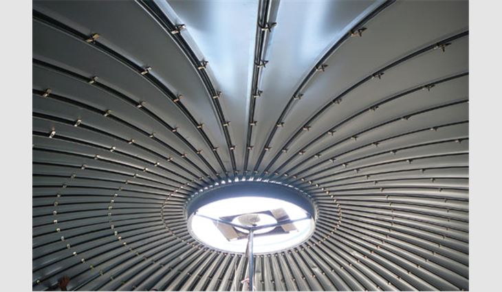A view of one of the dome's interior; each dome is formed of 66 triangular fixed standing-seam panels held together by stainless-steel clips.