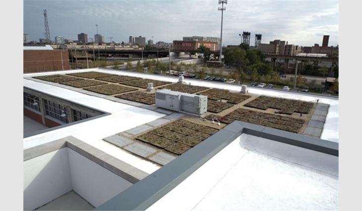 An overview of the roof system after its HK5001 DuPont™ Elvaloy®-modified white PVC fleece-backed surface membrane was installed
