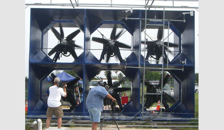 Miami-based Florida International University's six-fan Wall of Wind can generate winds up to 130 mph.