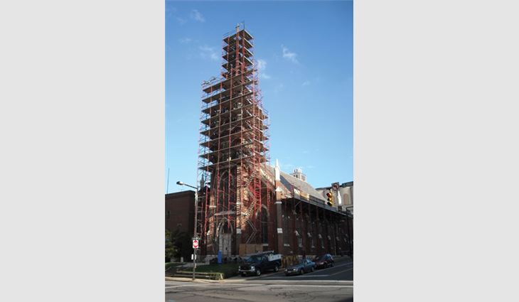 The Durable Slate Co. had scaffolding erected for work performed on Zion Lutheran Church's steeple