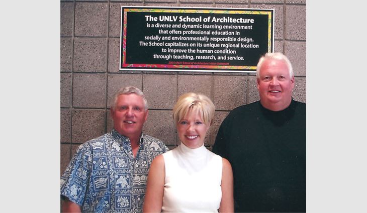 Pictured from left to right: Dennis Conway, Commercial Roofers' co-owner; Wendy Nelson, director of development for the College of Fine Arts at the University of Nevada, Las Vegas; and Scott Howard, Commercial Roofers' co-owner