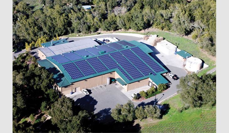 An aerial view of one of the new solar roof systems at Stags' Leap Winery in Napa, Calif.