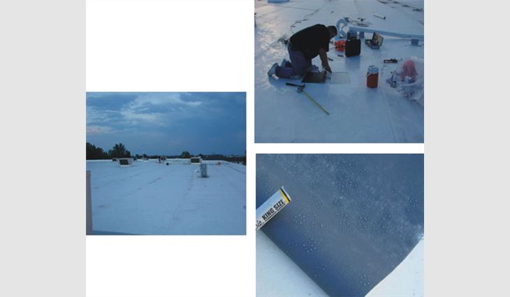 Photos 3, 4 and 5: A PVC roof system is shown without an air retarder (left). A worker makes a test cut to the roof system (top right). Water droplets are found beneath the membrane (bottom right).