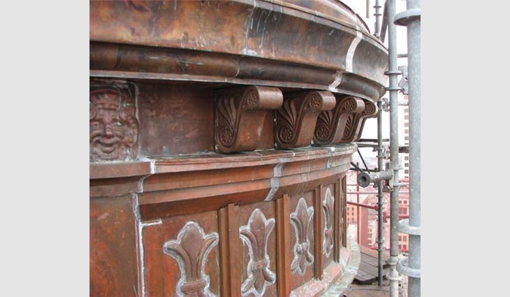Various sections of ornate custom-fabricated copper on the south tower.