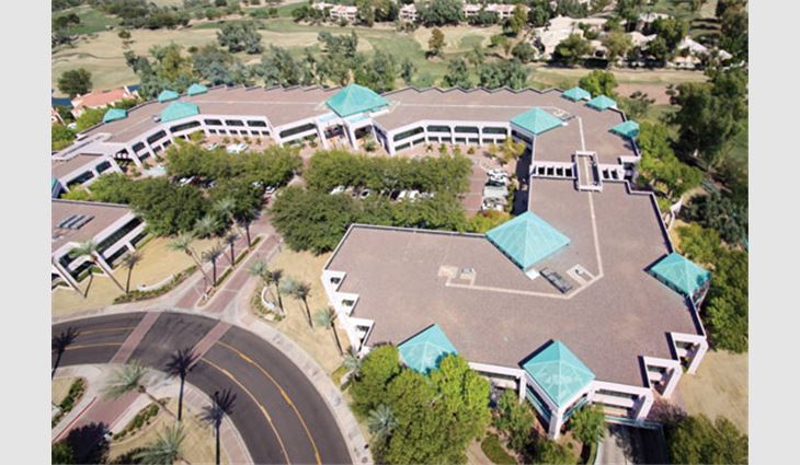 The Nationwide Scottsdale Insurance building before Starkweather Roofing installed the cool roof system