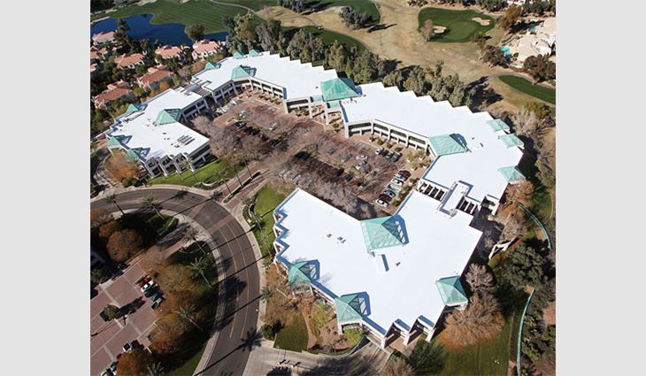 The Nationwide Scottsdale Insurance building after Starkweather Roofing installed the cool roof system