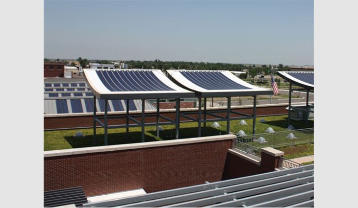 Uni-Solar&reg; thin-film PV laminates are adhered to TPO membrane on the elevated platforms