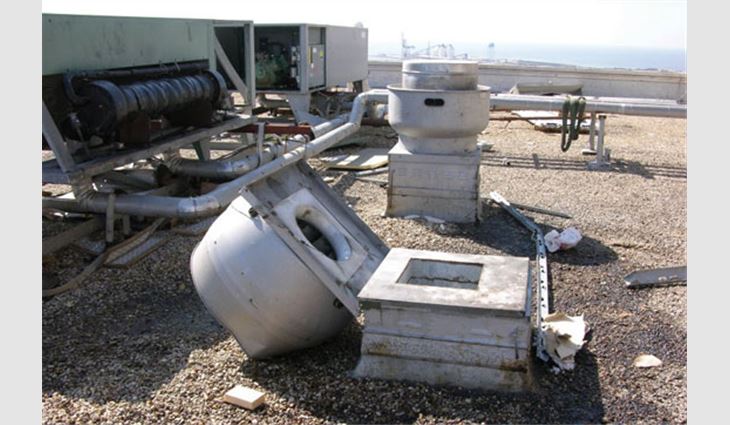 This fan was not adequately attached to the curb. Fan attachment easily can be evaluated and inexpensively upgraded if needed, thereby avoiding a substantial amount of water infiltration.
